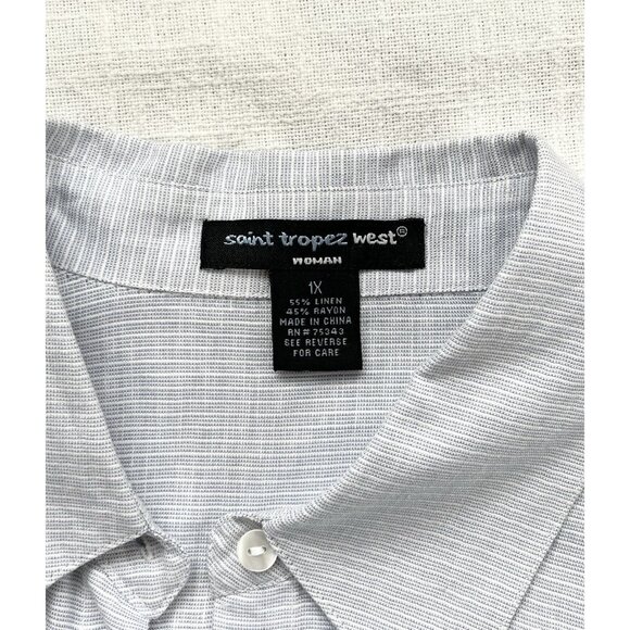 Saint Tropez West Women’s Button‎ Up Linen Blend Shirt Blue White Sz 1X - Picture 3 of 7